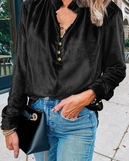 Notched Neck Buttoned Long Sleeve Velvet Blouse