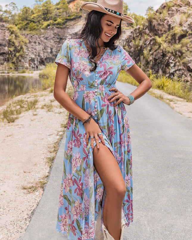 Floral V-Neck Slit Dress