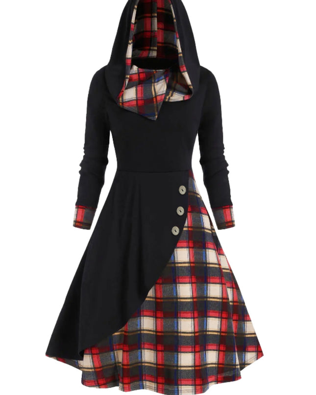 Plus Size Plaid Buttoned Long Sleeve Hooded Dress