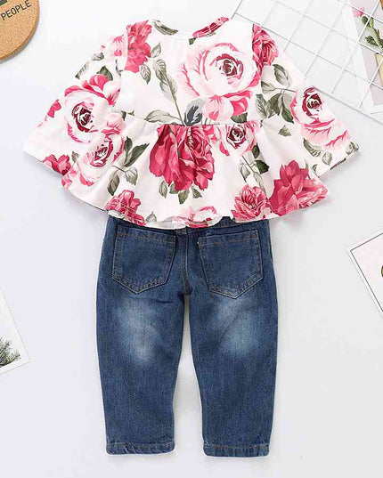 Printed Round Neck Long Sleeve Blouse and Distressed Jeans Set