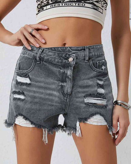 Asymmetrical Distressed Denim Shorts