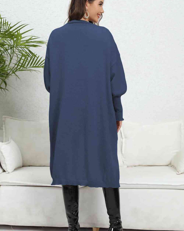 Lantern Sleeve Open Front Pocketed Cardigan