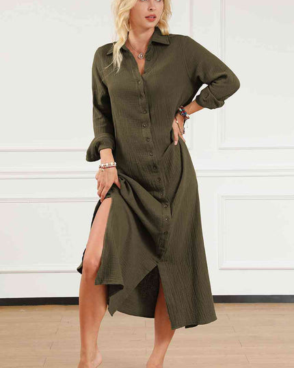 Texture Collared Neck Button Up Slit Shirt Dress