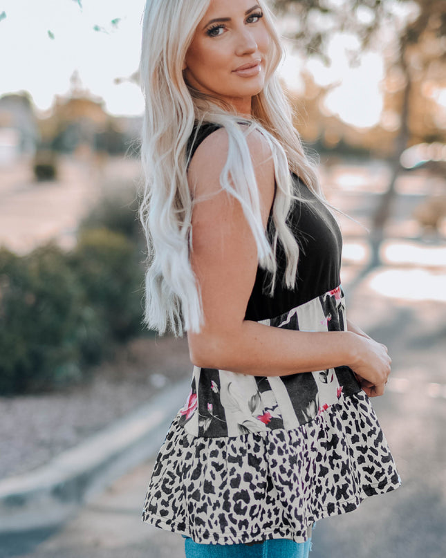 Leopard Floral Color Block V-Neck Tank Top