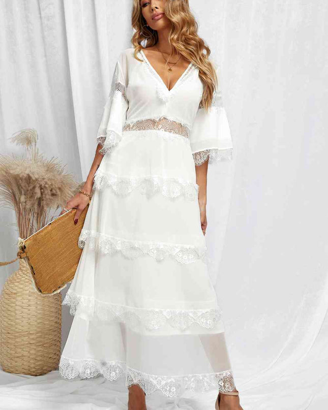 V-Neck Spliced Lace Maxi Dress