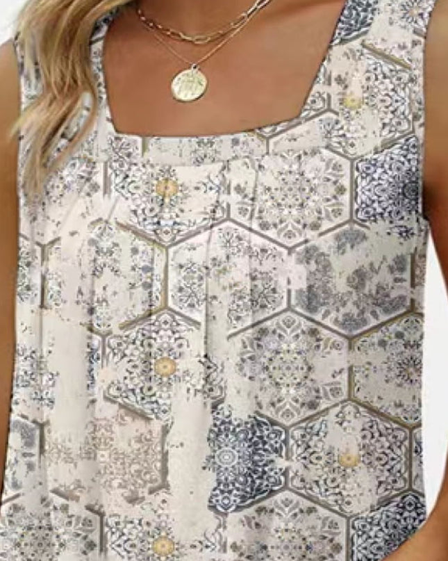 Printed Square Neck Curved Hem Tank