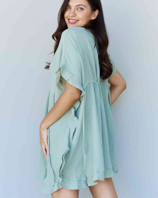 Ninexis Out Of Time Full Size Ruffle Hem Dress with Drawstring Waistband in Light Sage