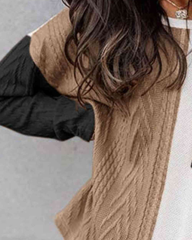 Full Size Color Block Cable-Knit Tops