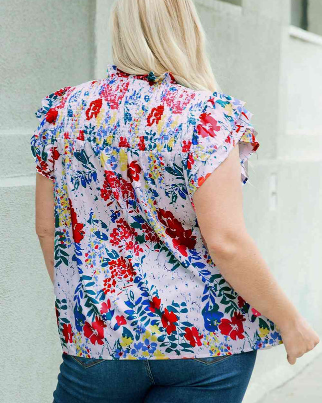 Plus Size Floral Smocked Flutter Sleeve Blouse