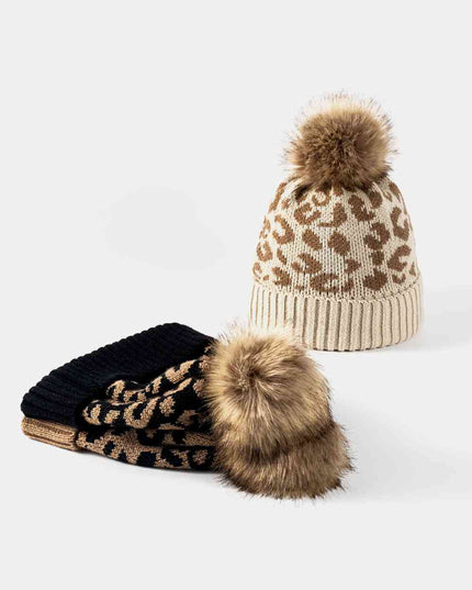 Leopard Pom-Pom Cuffed Beanie