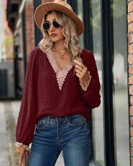Swiss Dot V-Neck Long Sleeve Blouse