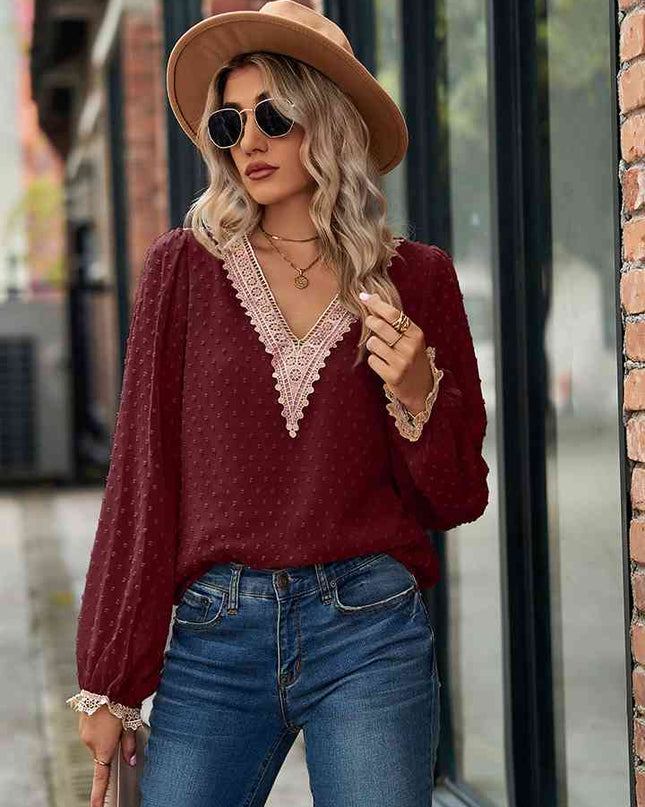 Swiss Dot V-Neck Long Sleeve Blouse