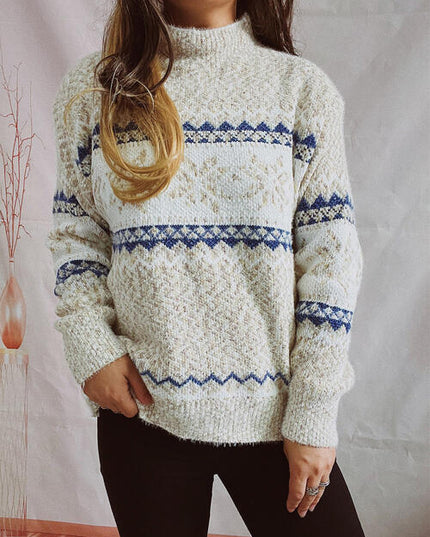 Geometric Mock Neck Dropped Shoulder Sweater