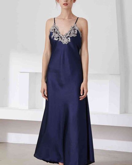 Full Size Lace Trim V-Neck Spaghetti Strap Satin Night Dress