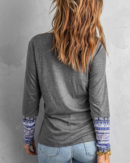 V-Neck Color Block Long Sleeve Blouse