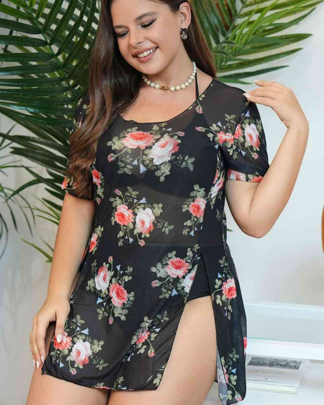 Plus Size Floral Slit Three-Piece Swim Set