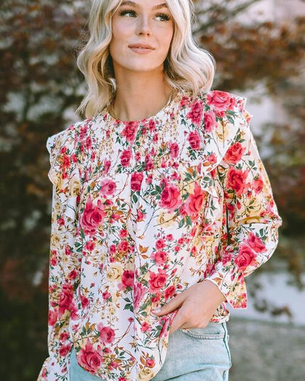 Floral Round Neck Smocked Blouse