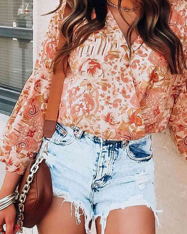 Floral Surplice Flare Sleeve Bodysuit