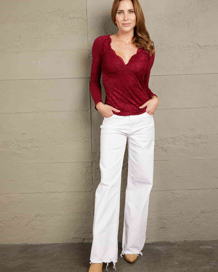Double Take Lace Long Sleeve Plunge Blouse