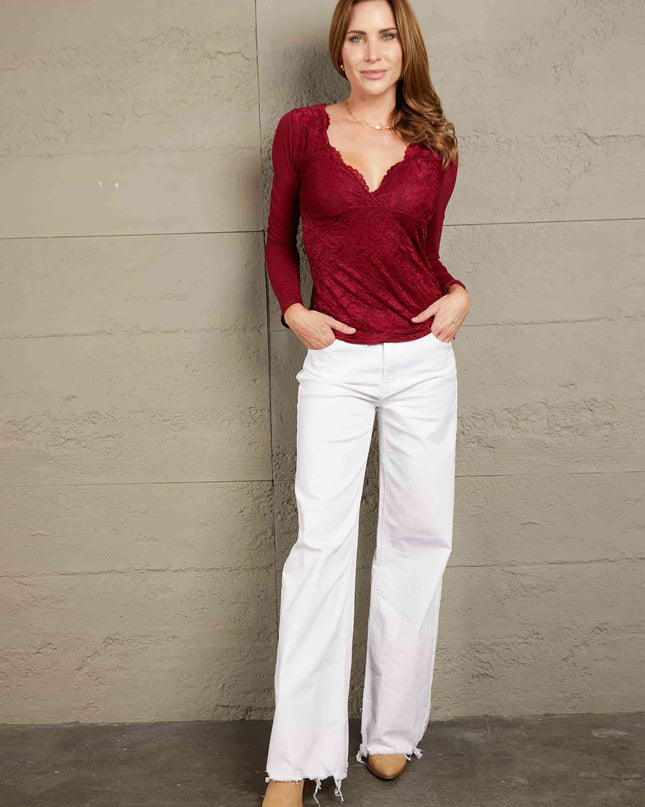 Double Take Lace Long Sleeve Plunge Blouse