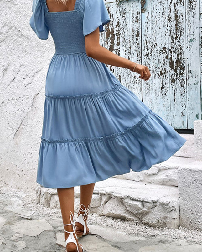 Smocked Square Neck Frill Trim Dress