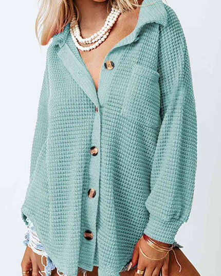 Waffle-Knit Button Up Long Sleeve Shirt with Pocket