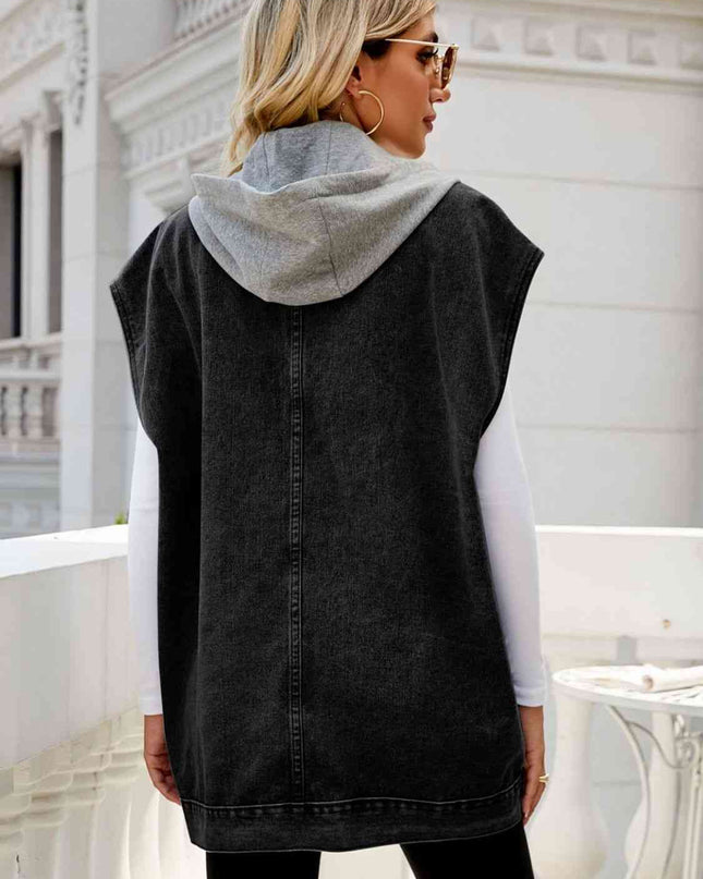 Hooded Sleeveless Denim Top with Pockets