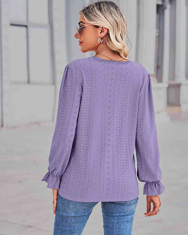 Eyelet V-Neck Flounce Sleeve Blouse