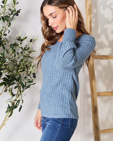 Double Take Ribbed Round Neck Lantern Sleeve Blouse