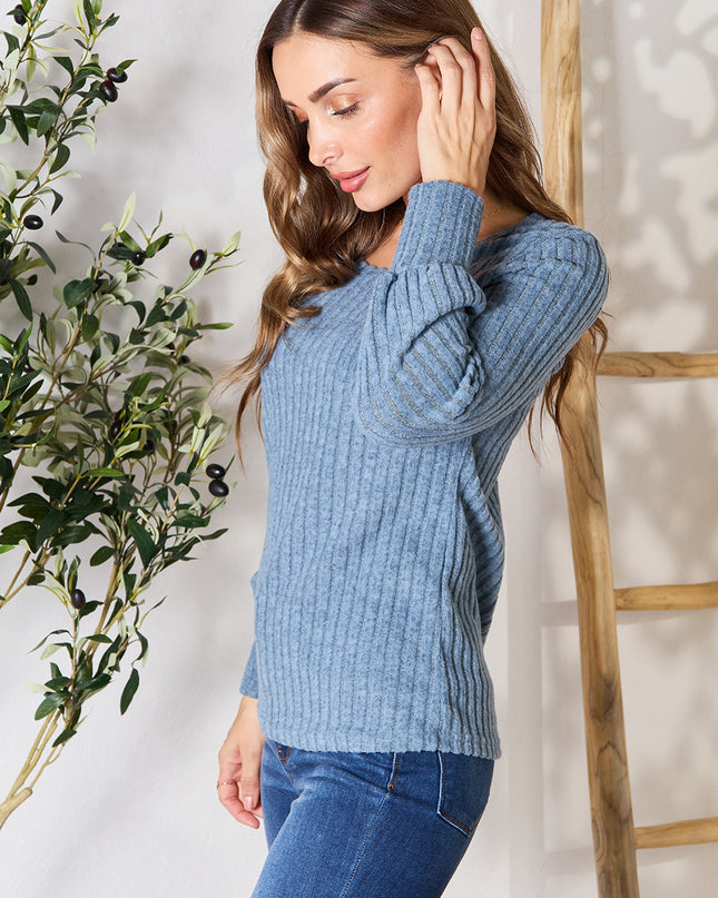 Double Take Ribbed Round Neck Lantern Sleeve Blouse