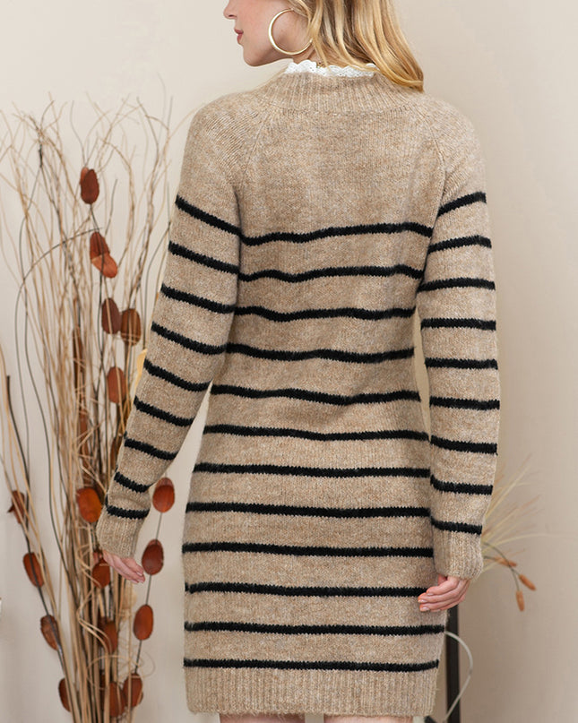 Striped Round Neck Long Sleeve Sweater Dress