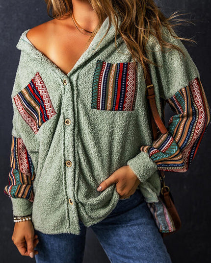 Geometric Button Up Long Sleeve Hooded Jacket