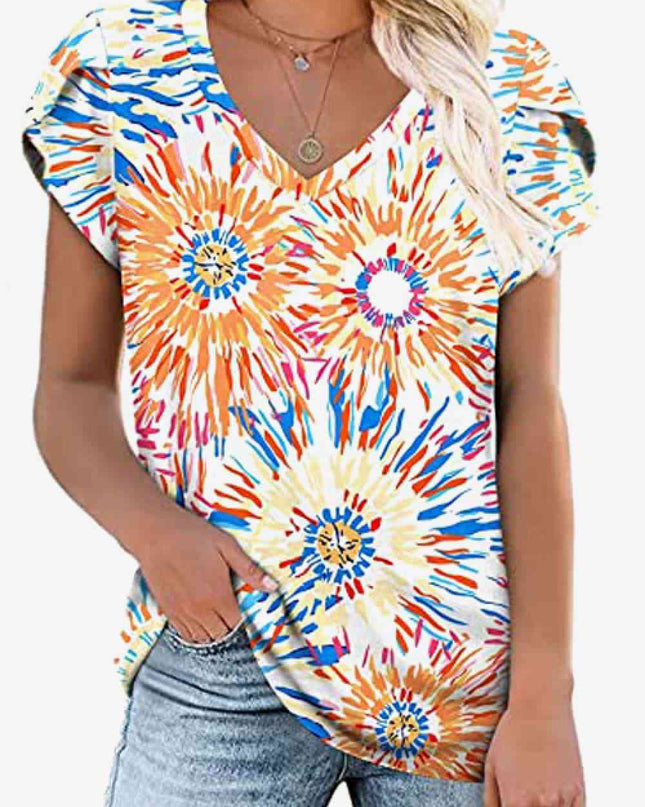 Printed Petal Sleeve V-Neck Blouse