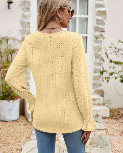 Eyelet Flounce Sleeve V-Neck Blouse