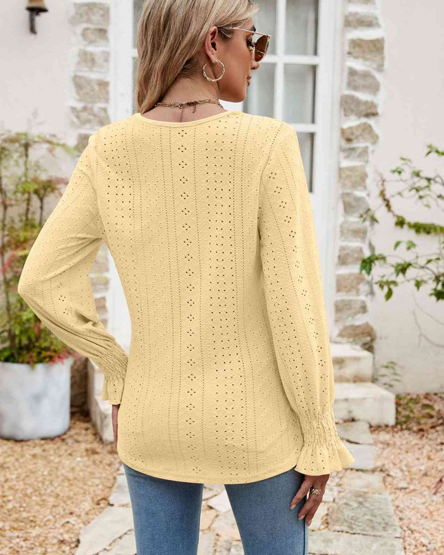 Eyelet Flounce Sleeve V-Neck Blouse