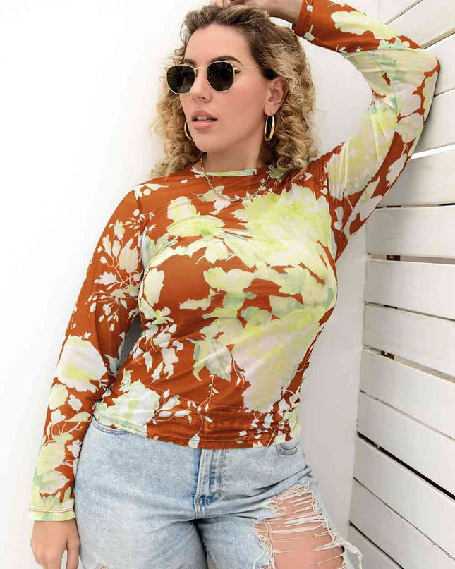 Plus Size Printed Round Neck Long Sleeve Blouse