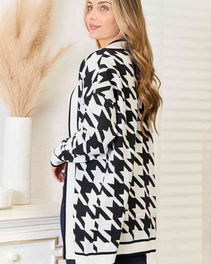 Woven Right Houndstooth Open Front Longline Cardigan