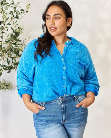 Zenana Full Size Washed Raw Trim Button Down Shirt
