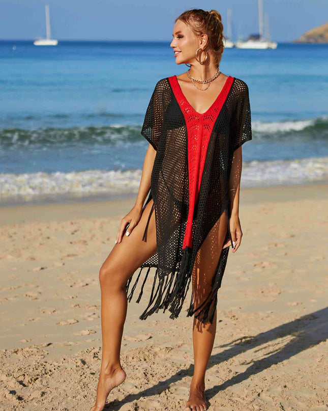 Contrast Fringe Trim Openwork Cover-Up Dress