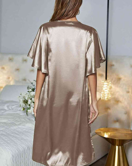 Satin Flutter Sleeve Side Slit V-Neck Night Dress
