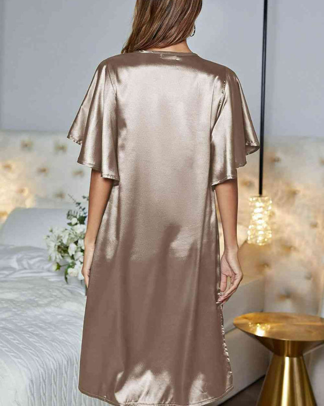 Satin Flutter Sleeve Side Slit V-Neck Night Dress