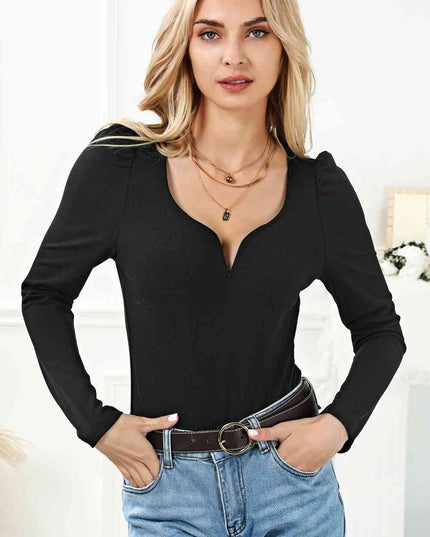 Notched Neck Puff Sleeve Bodysuit