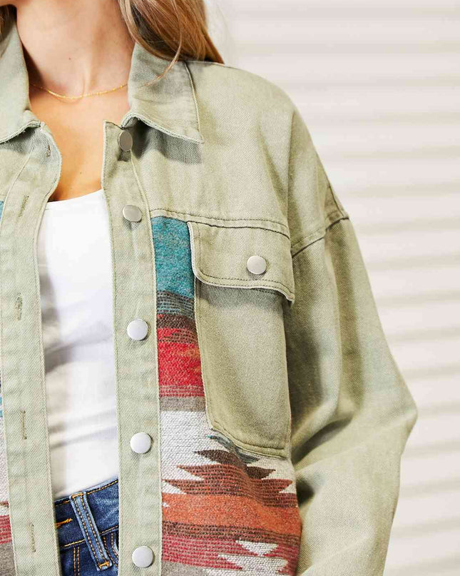 Dropped Shoulder Long Sleeve Printed Denim Jacket