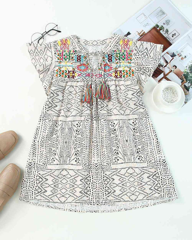 Embroidered Printed Flutter Sleeve Blouse
