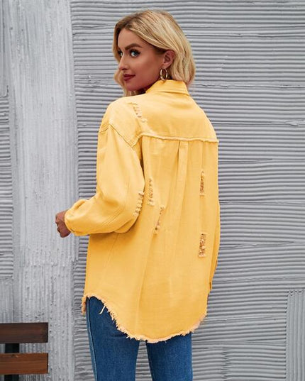 Distressed Raw Hem Denim Jacket