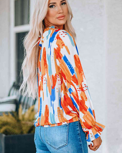 Paint Print Ruffle Collar Flounce Sleeve Top