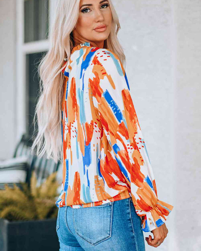 Paint Print Ruffle Collar Flounce Sleeve Top