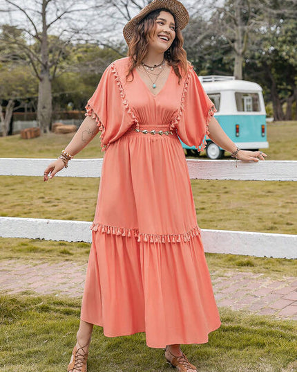 Plus Size Tassel Trim V-Neck Short Sleeve Ruffle Hem Dress