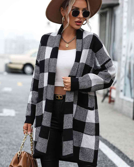 Plaid Dropped Shoulder Cardigan with Pocket