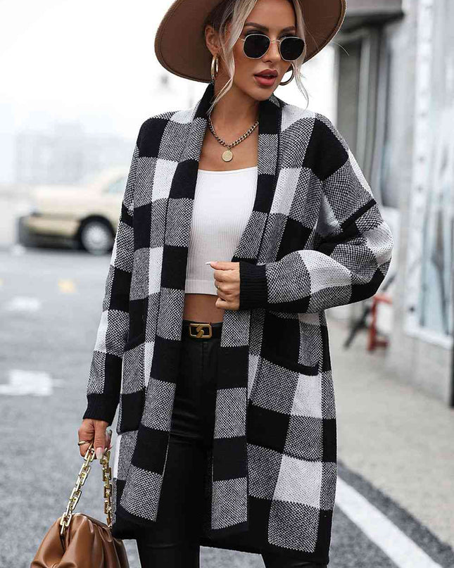 Plaid Dropped Shoulder Cardigan with Pocket